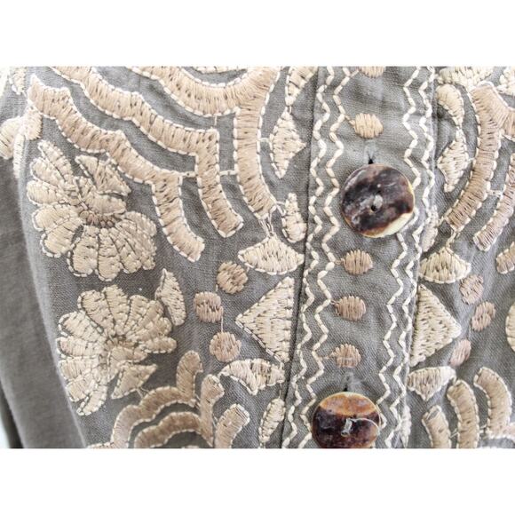 Johnny Was Green Ornate Floral Embroidered Button Front Tie Waist Linen Dress S - Picture 4 of 8